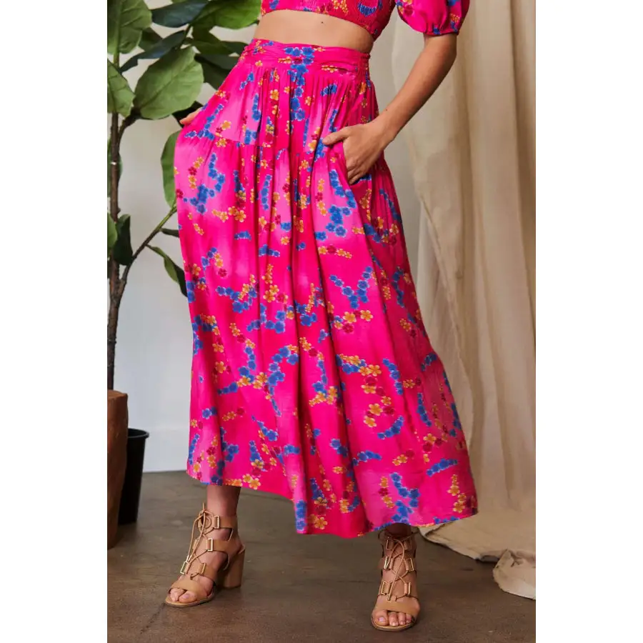 Classic Printed Smocking Waistband Ruffled Maxi Skirt
