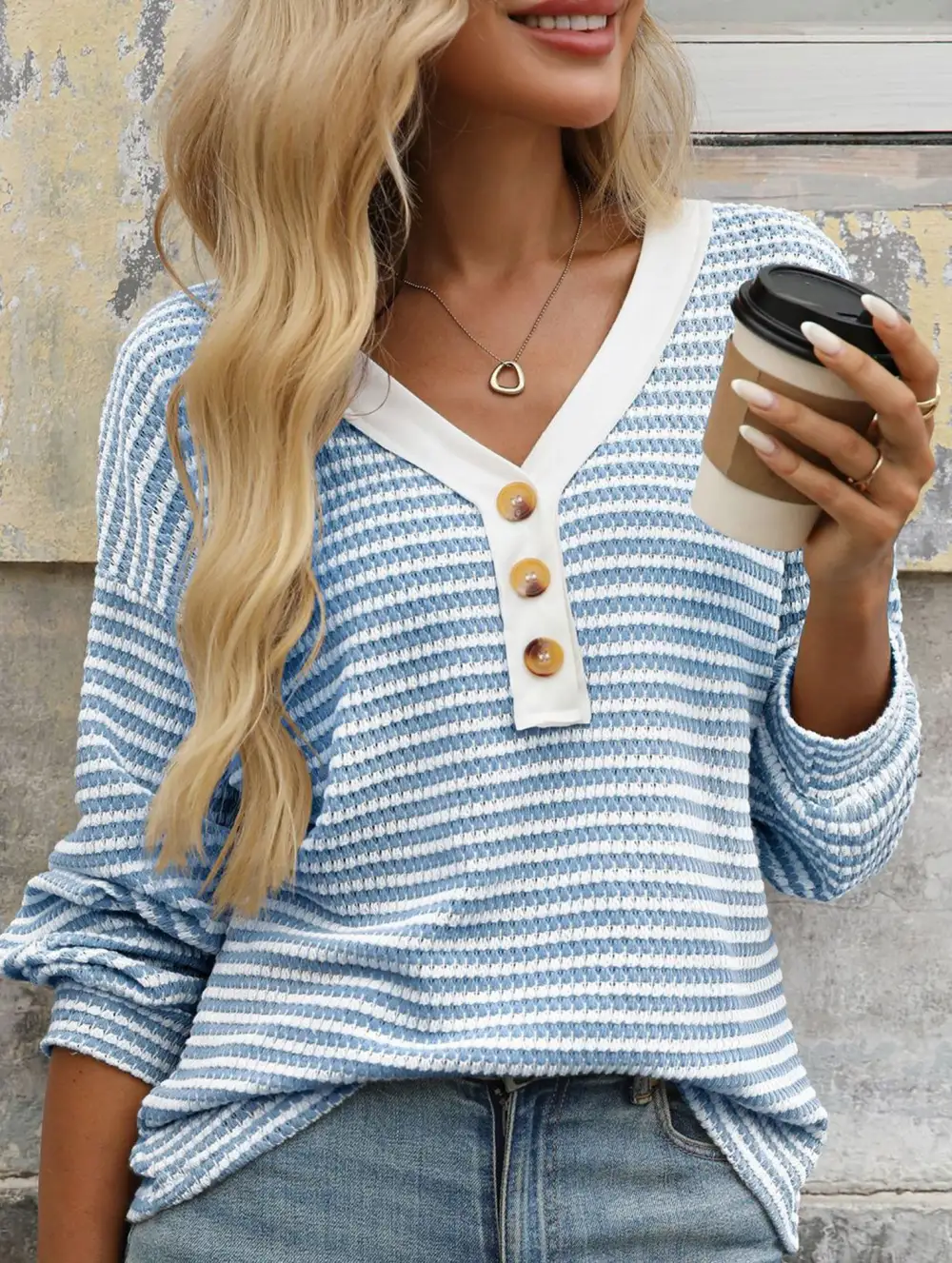 Button Down V Neck Top
