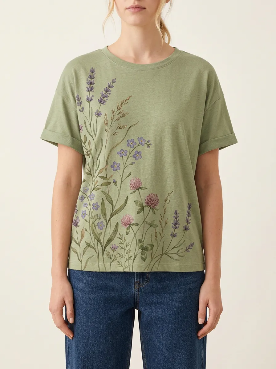 Women's Botanical Nature Lover Lavender Clover Printed T-shirt