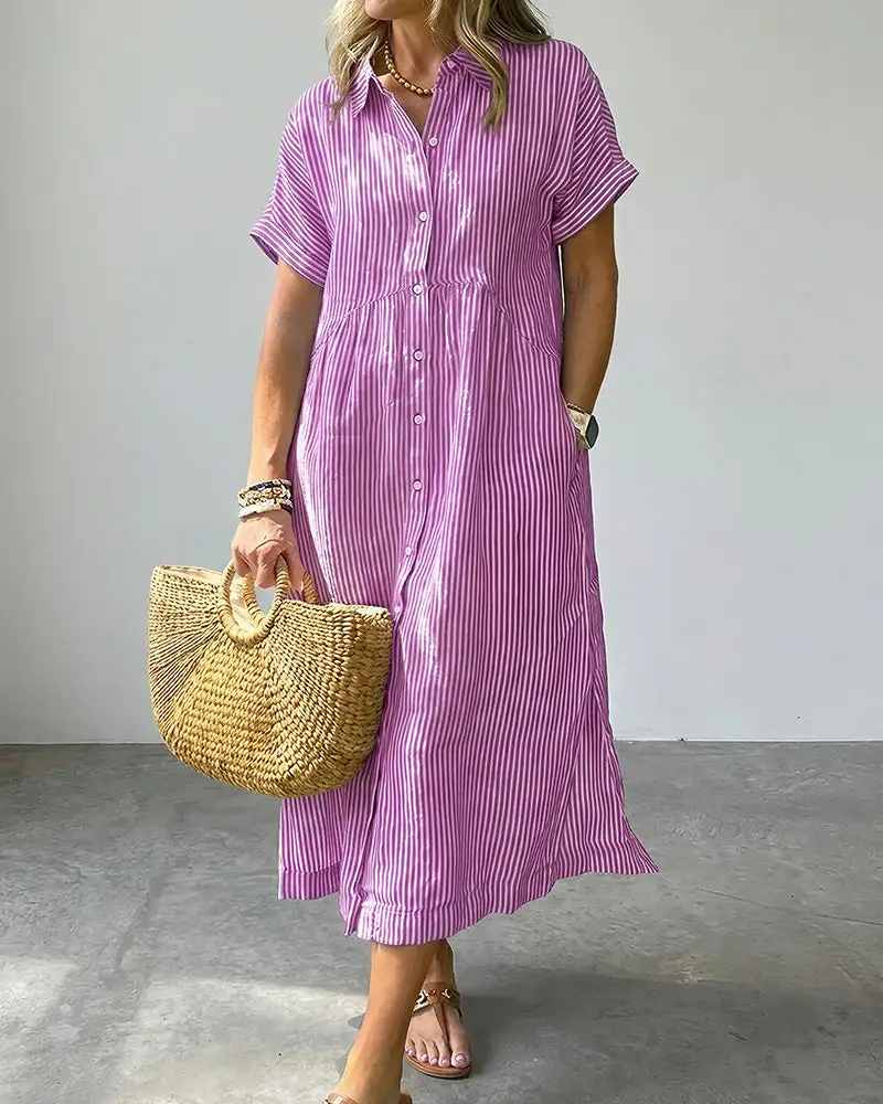 Casual Striped Short Sleeve Cotton Linen Shirt Midi Dress