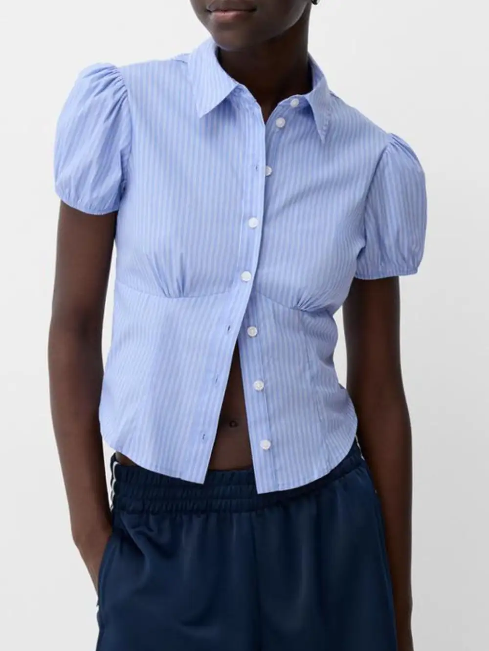 Puff-Sleeve Striped Buttoned Shirt