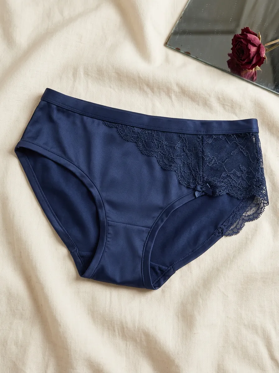 Women's Navy Blue Lace Trimmed Satin Panties