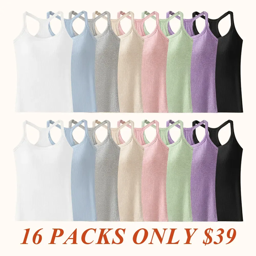 Women's Ribbed Built-in Bra Tank Top | Racerback Cropped Camisole with Removable Pads | Wireless Supportive Workout Yoga Top