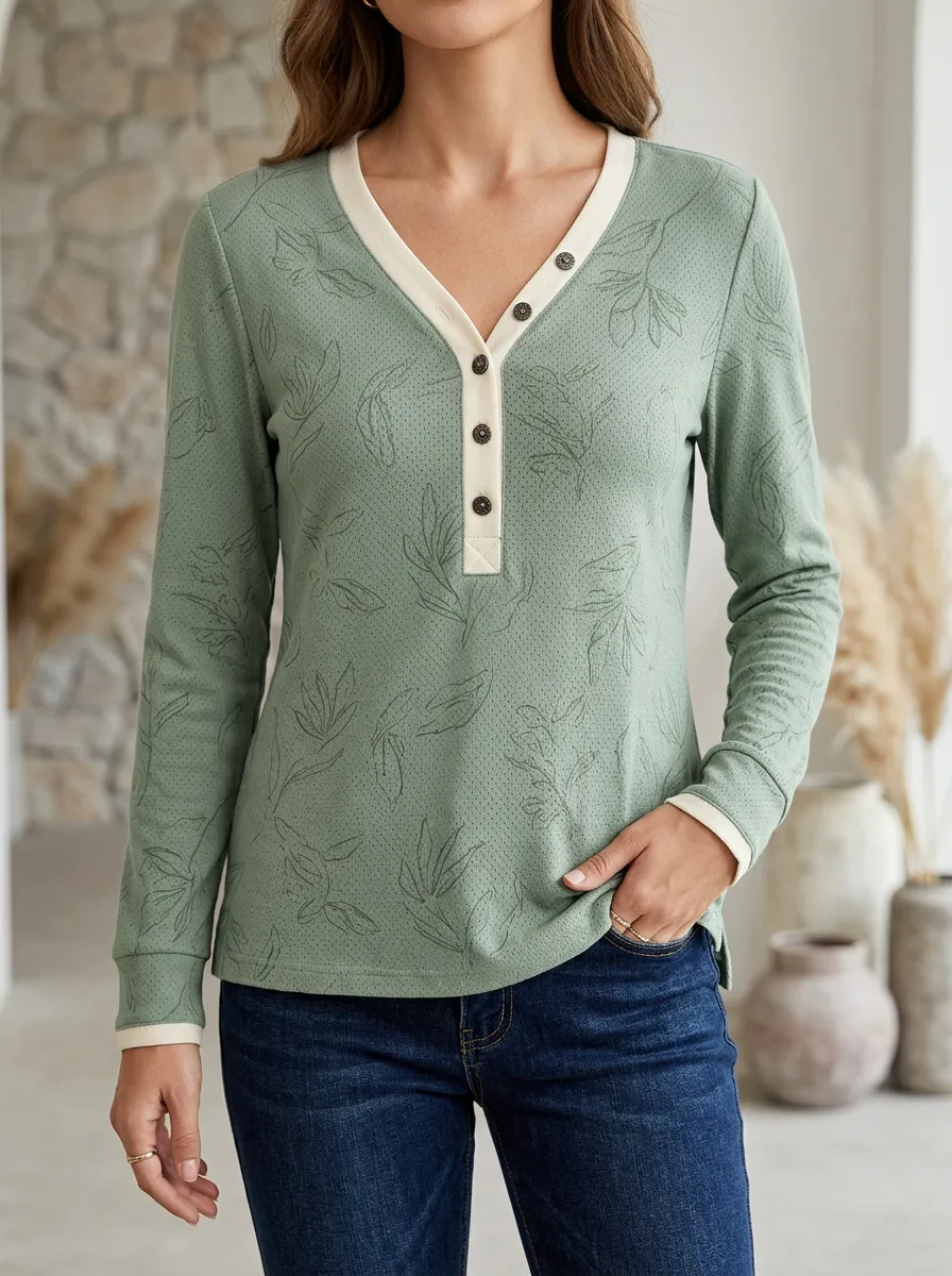 Women's Botanical Leaf Pattern Printed Long Sleeve Henley Shirt