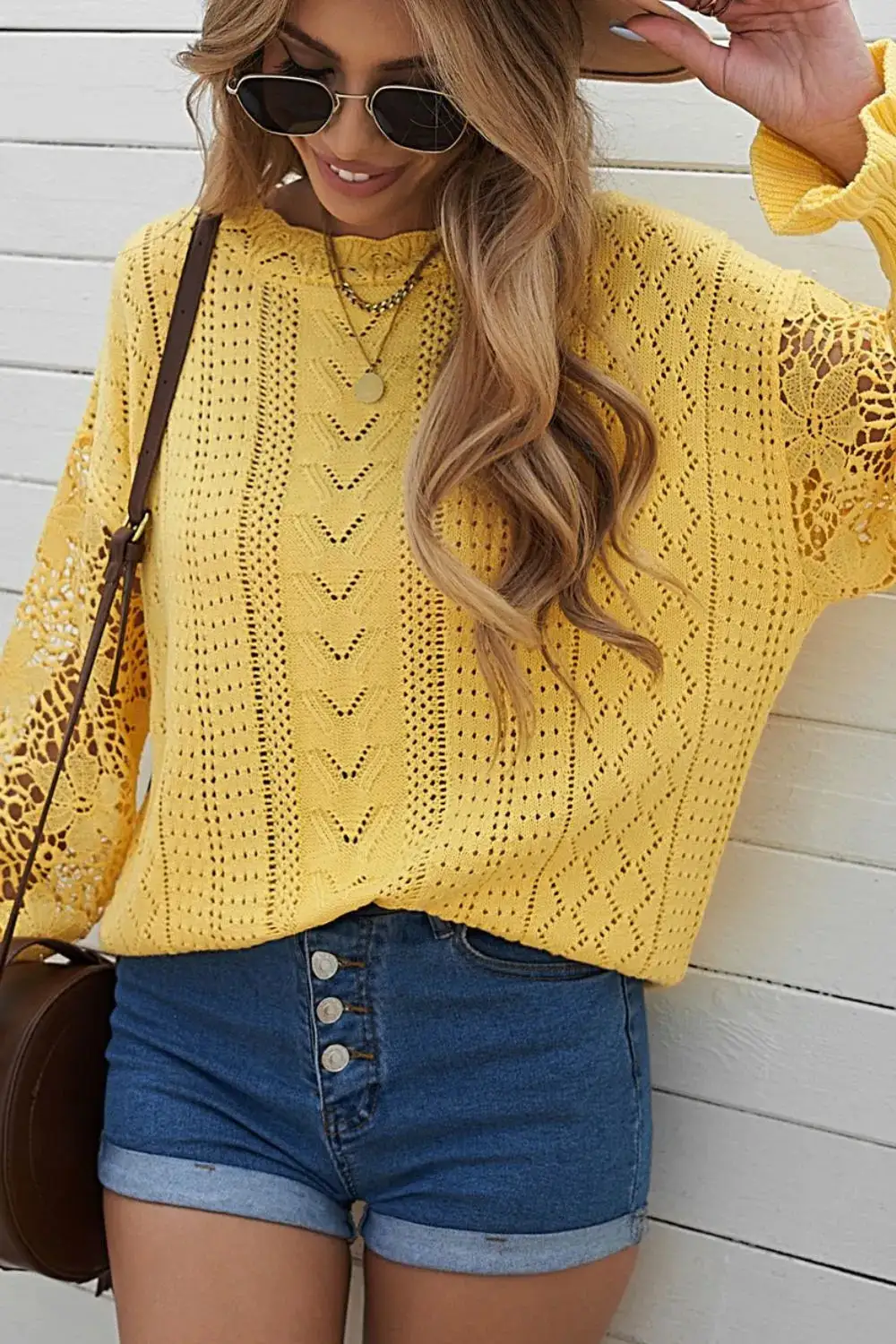 Long Sleeve Round Neck Openwork Sweater