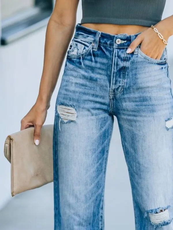 Refined Distressed Washed Stretch Straight Leg Jeans