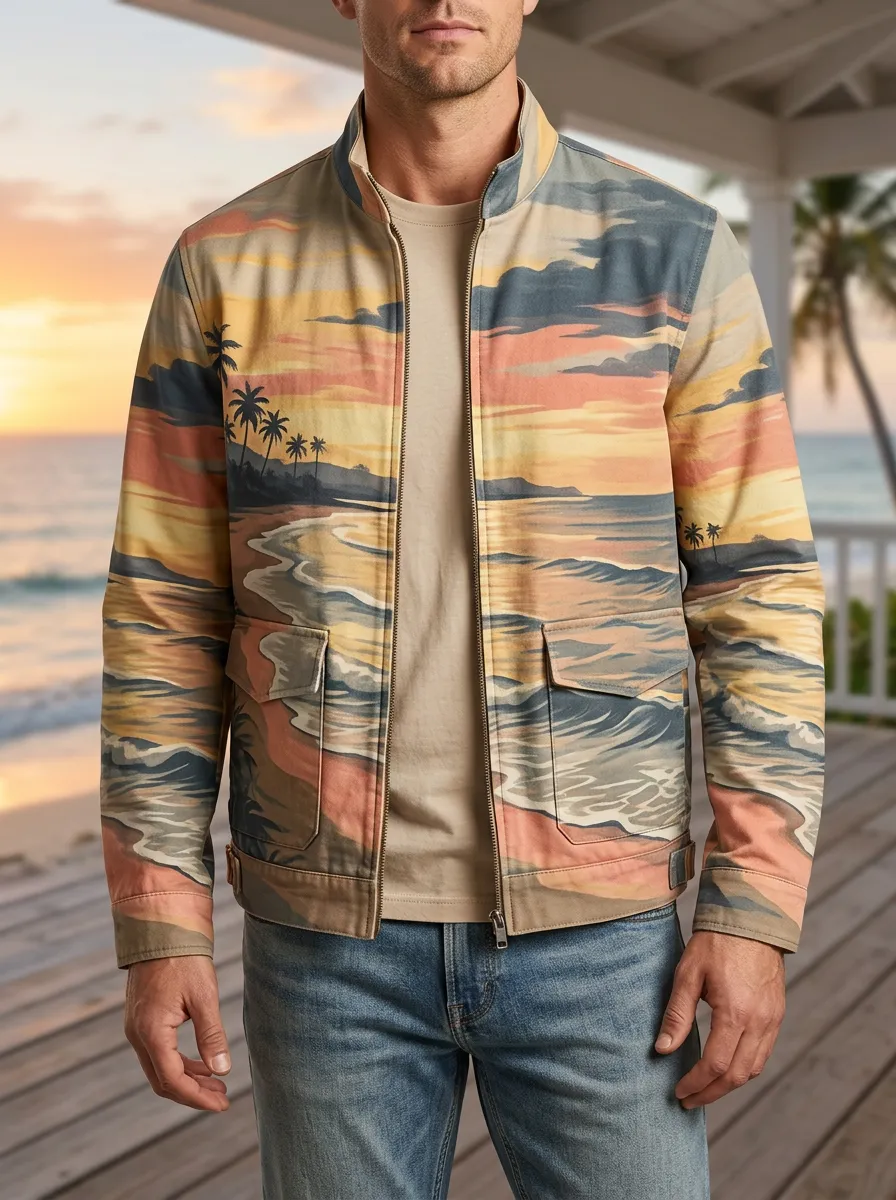 Men's Tropical Beach Sunset Palm Tree Heritage Vista Jacket