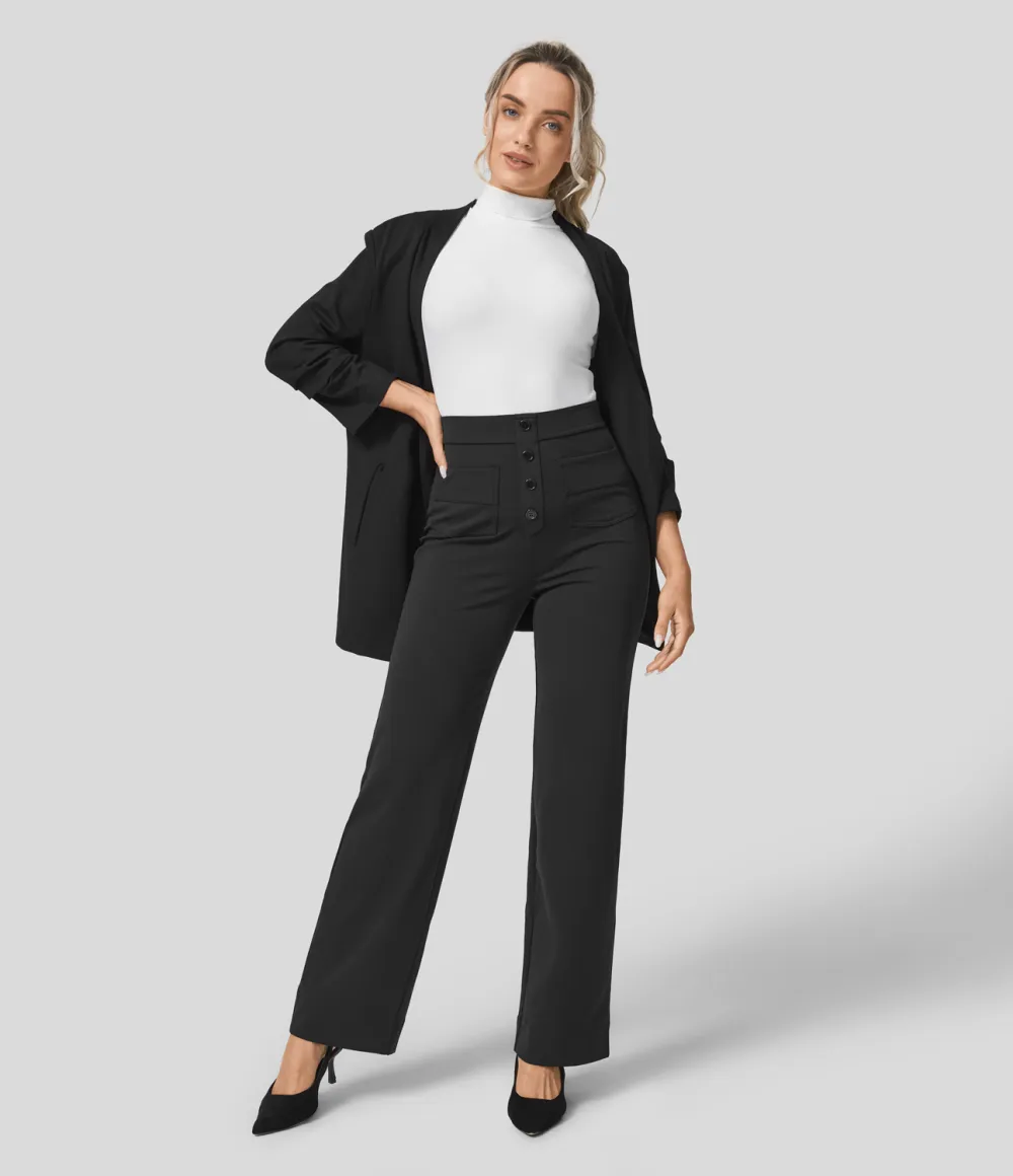 High Waisted Button Multiple Pockets Straight Leg Casual Pants