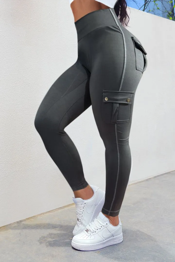 Solid Flap Pocket High Waist Leggings