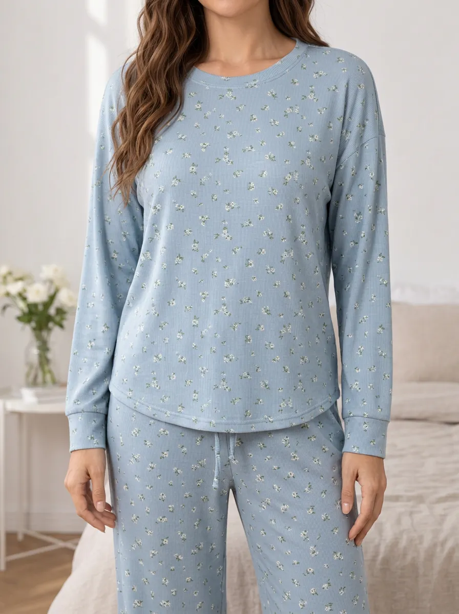 Women's Crewneck Long Sleeve Ribbed Floral Pajama Top