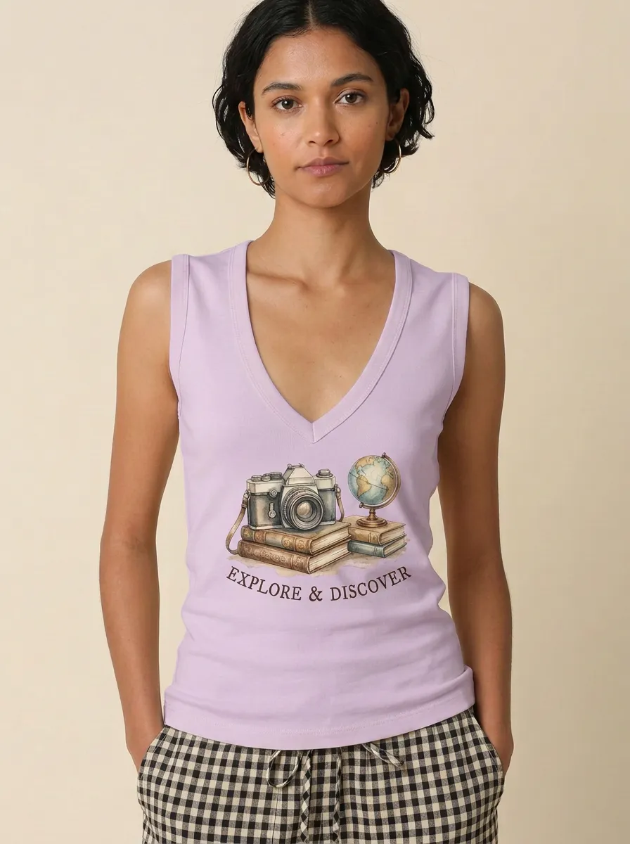 Women's Travel Explore Discover Camera Globe Graphic Tank Top