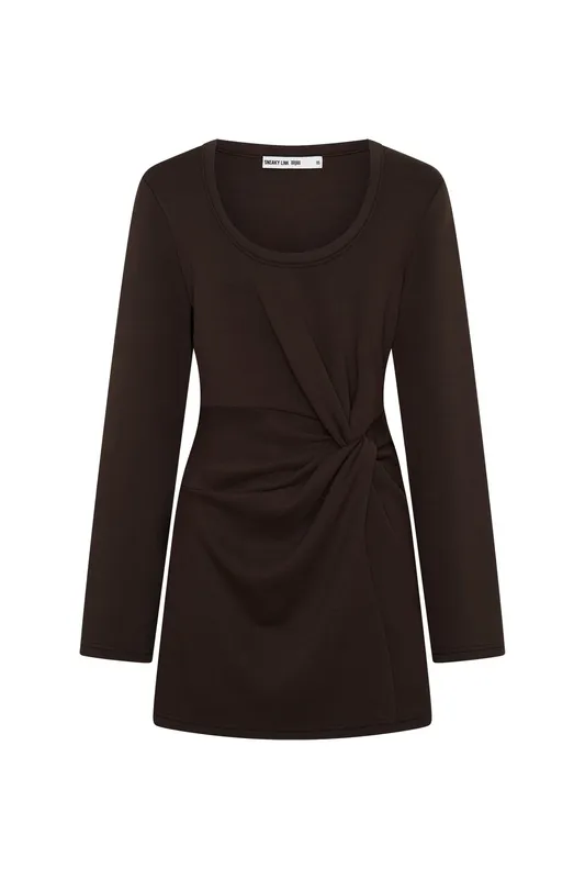 Chocolate Long-Sleeve Knot Mini Dress