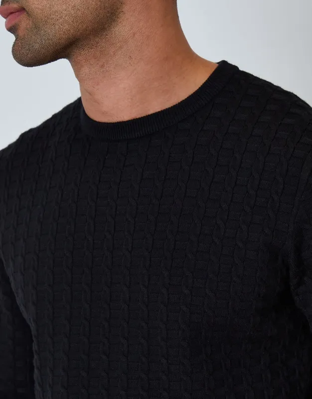 Black Cable-Knit Crewneck Sweater