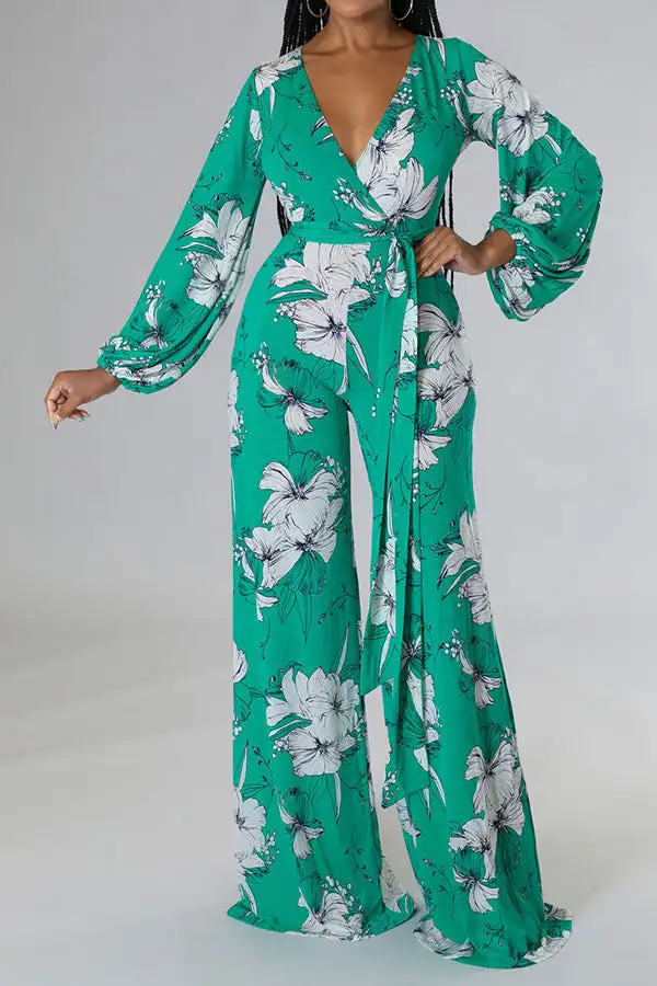 Floral Print Belted Puff Sleeve Jumpsuit