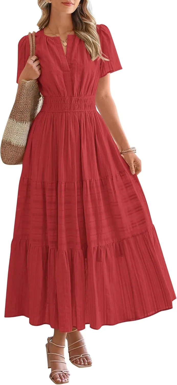 HOT SALE Womens Summer Lightweight Short Sleeve V Casual Midi Maxi Dresses