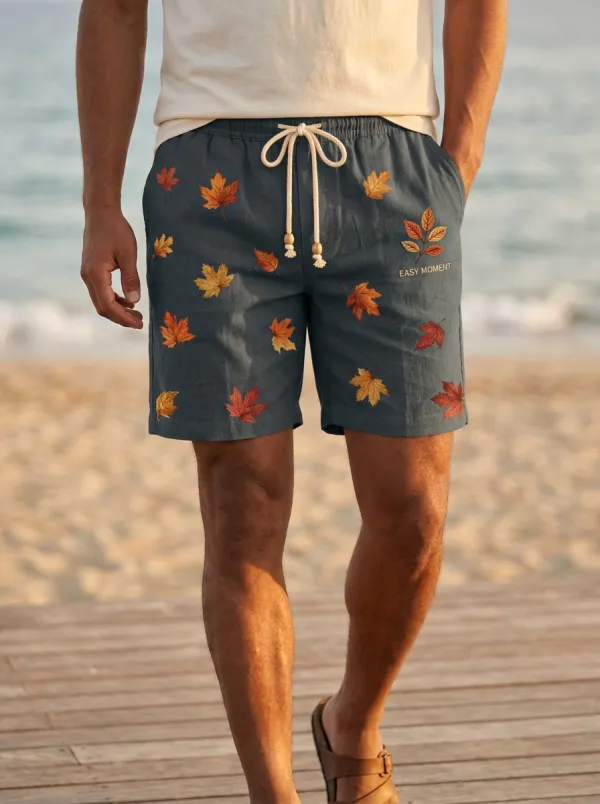 Rust Leaf-print Drawstring Drawstring Shorts