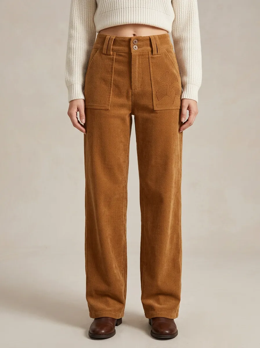 Women's Botanical Lover Ginkgo Leaf Embroidered Corduroy Pants