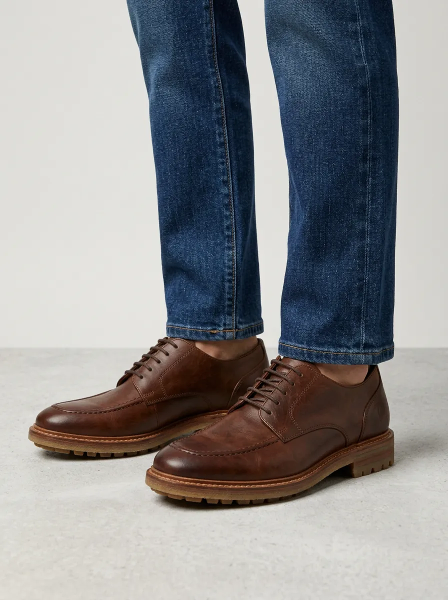 Men's Classic Brown Leather Moc Toe Lug Sole Oxford Shoes