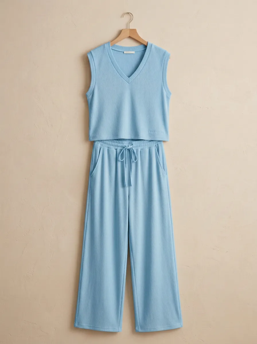 Drawstring Waist Ribbed V-Neck Sleeveless Lounge Set