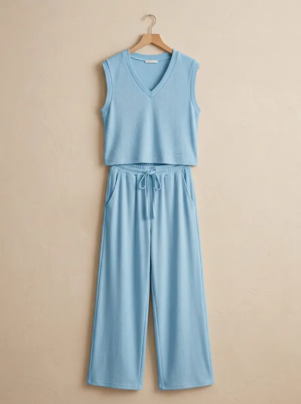 Drawstring Waist Ribbed V-Neck Sleeveless Lounge Set