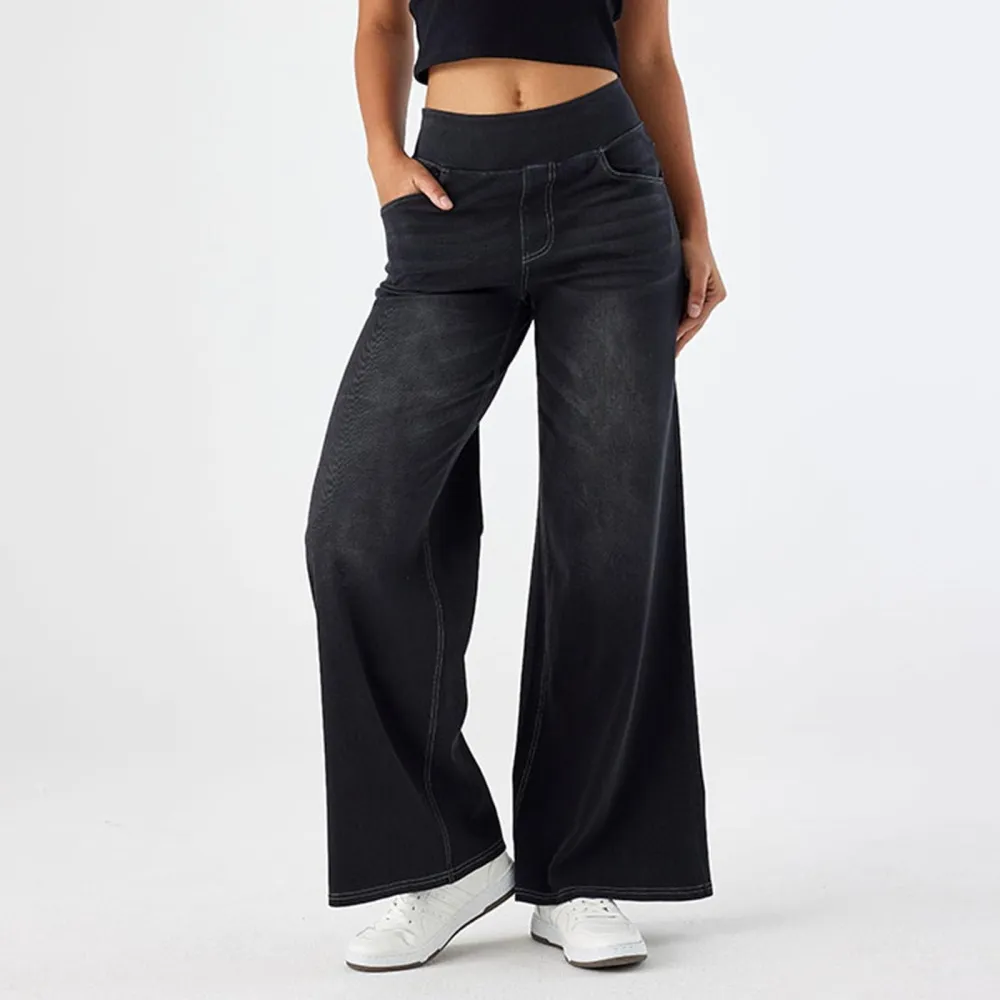 2026🔥  High Waisted Multiple Pockets Baggy Wide Leg Washed Stretchy Knit Casual Jeans