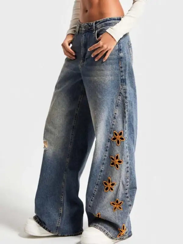 Denim Floral Print Wide Leg Distressed Jeans
