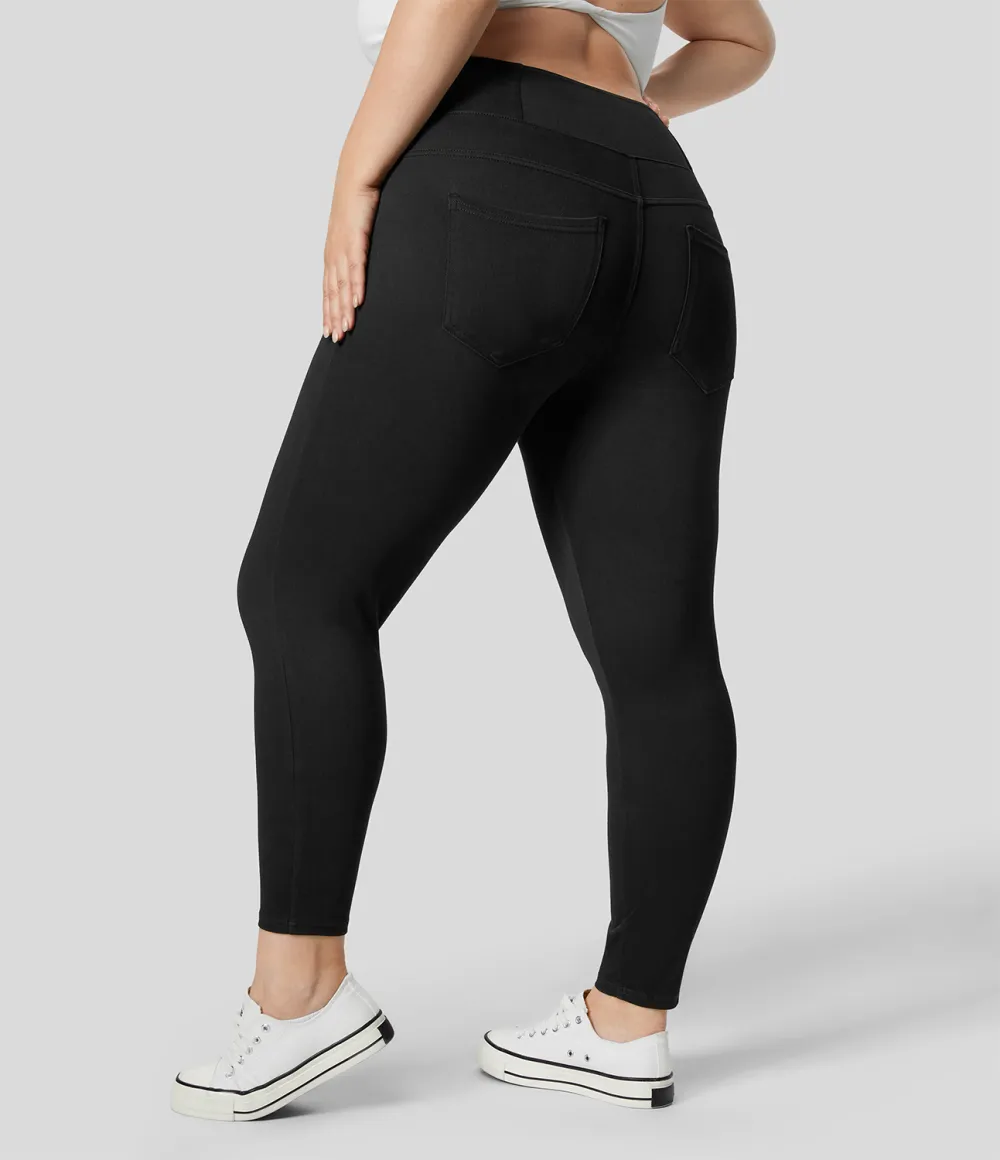 Magic High Waisted Crossover Multiple Pockets Stretchy Knit Denim 7/8 Plus Size Work Leggings