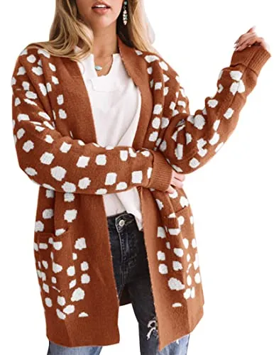 Women's Long Sleeves Open Front Leopard Print Knitted Sweater Cardigan Coat Outwear