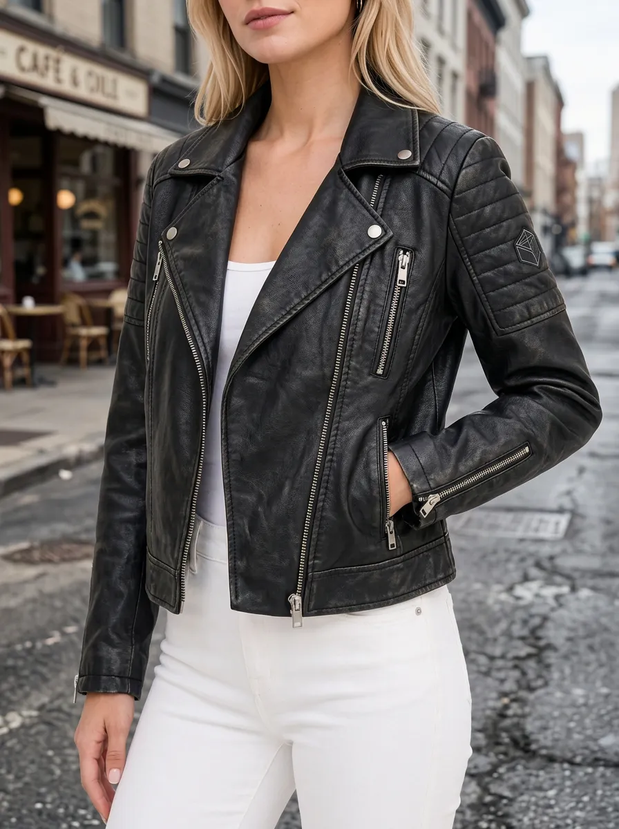 Women's Biker Black Faux Leather Quilted Jacket