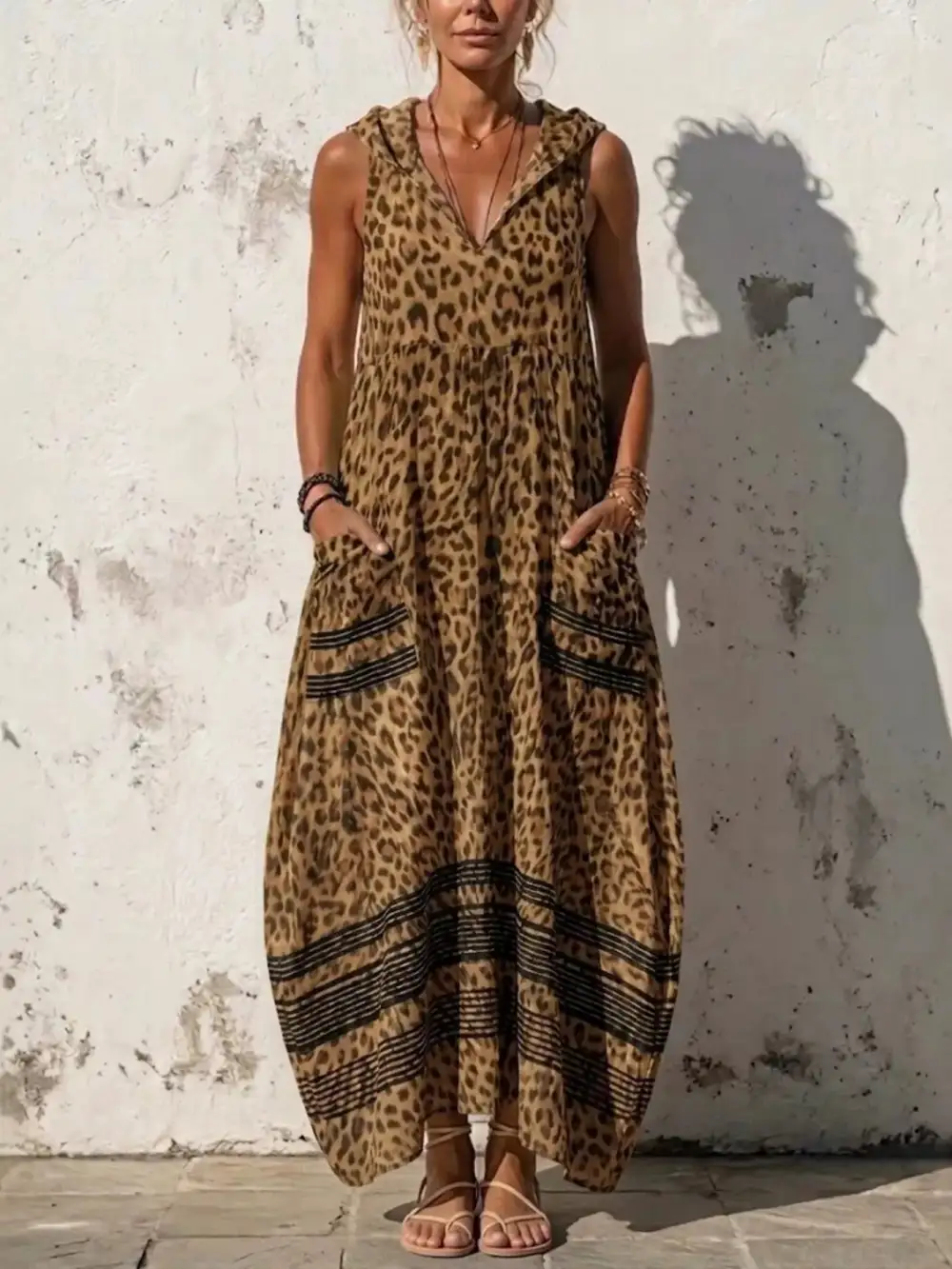 Sleeveless Hooded Leopard Print Maxi Dress With Pockets