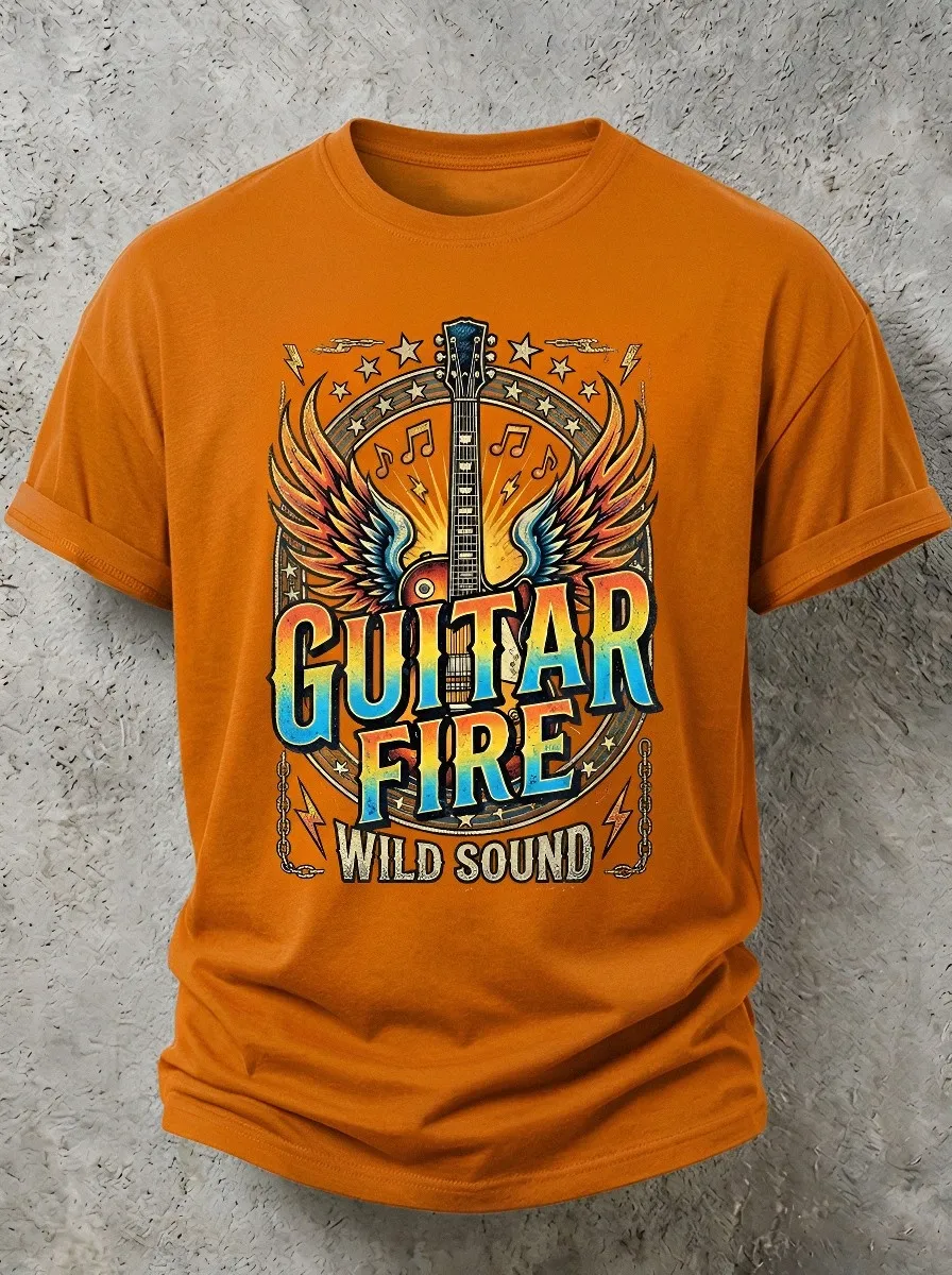 Unisex Rock Music Lover Guitar Fire Wings Printed T-shirt