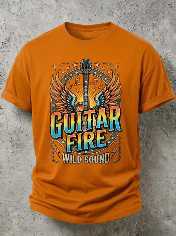 Unisex Rock Music Lover Guitar Fire Wings Printed T-shirt