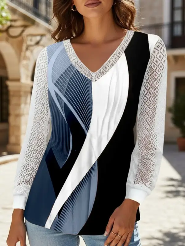 V-Neck Loose Printed Hollow Lace Top
