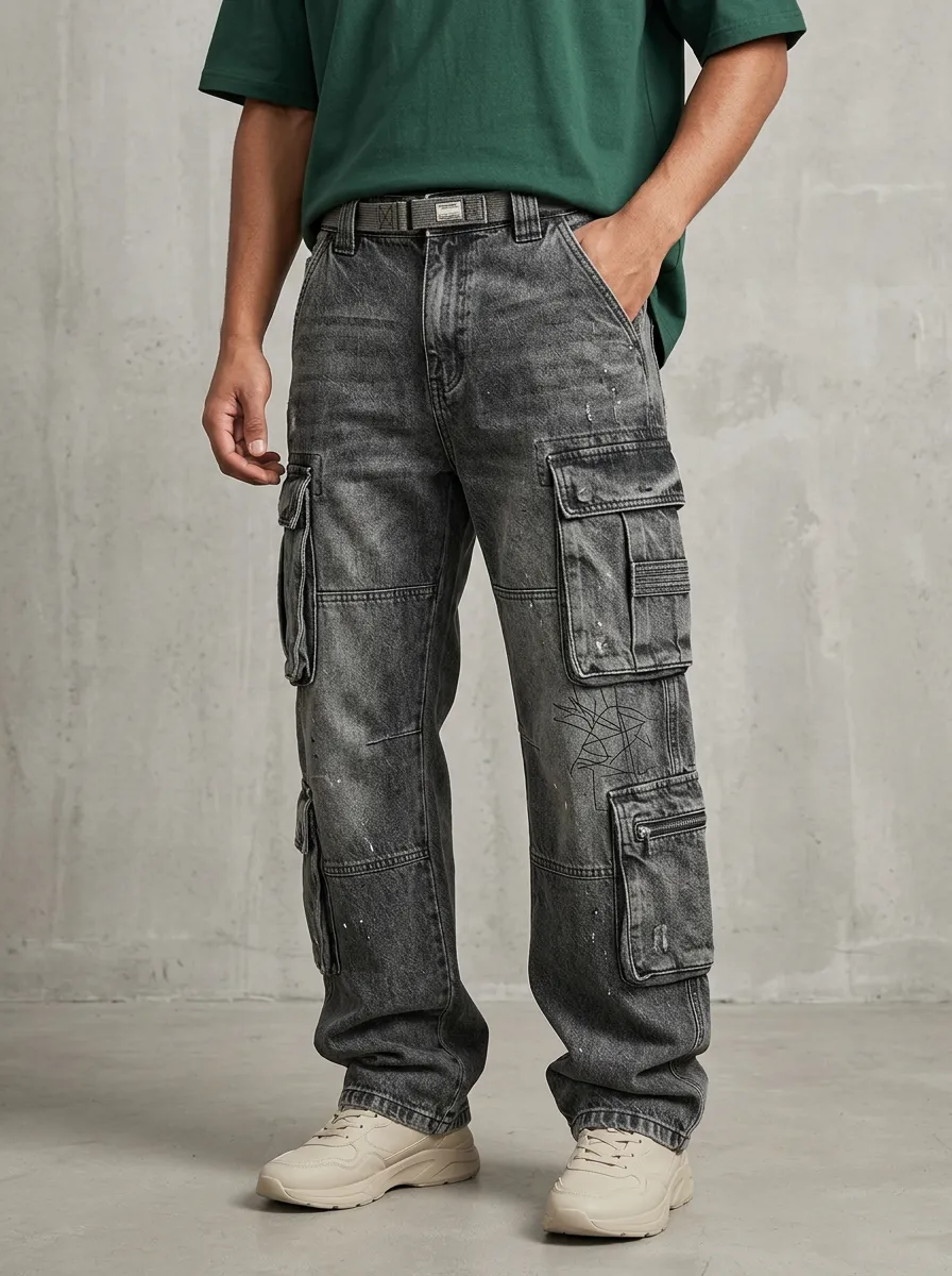 Men's Streetwear Geometric Graphic Washed Black Printed Cargo Jeans