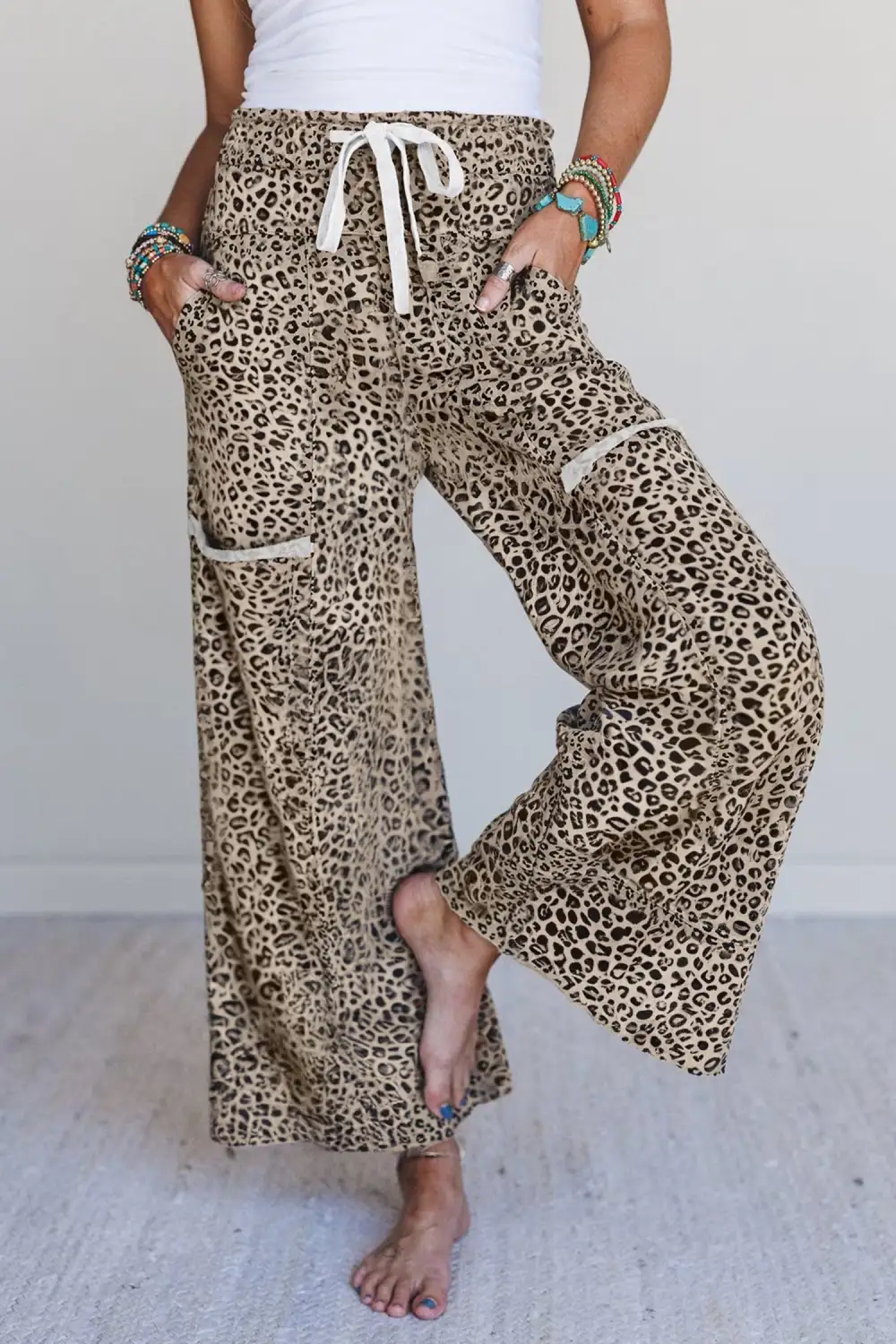 Animal Print Wide Leg Terry Knit Trousers