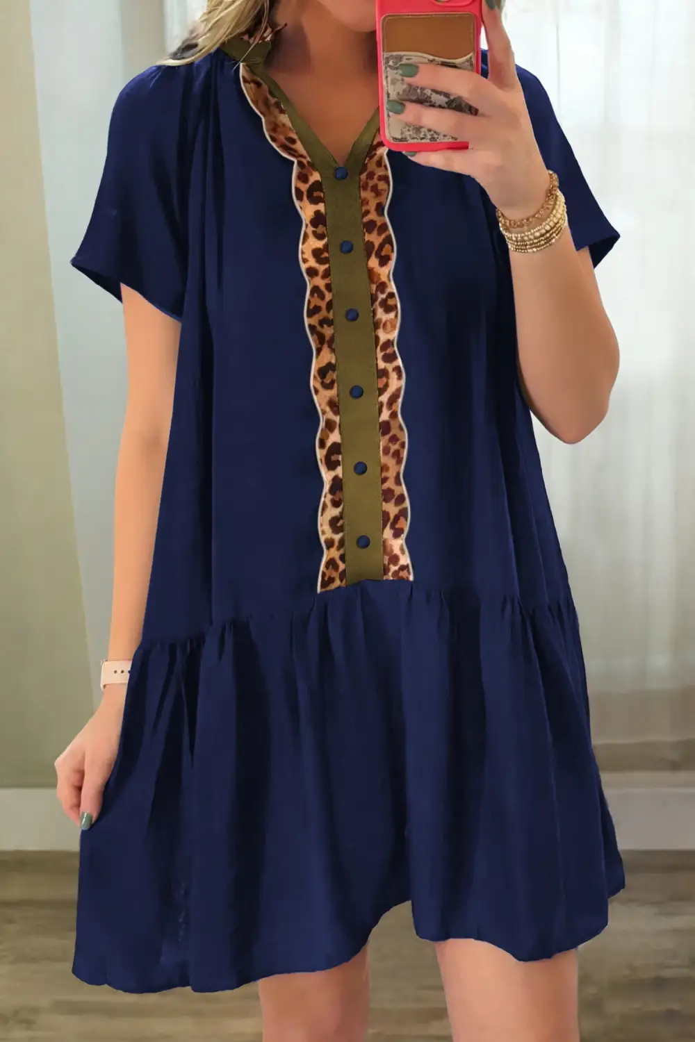Button Detail Leopard Metallic Trim Short Sleeve Tunic Dress