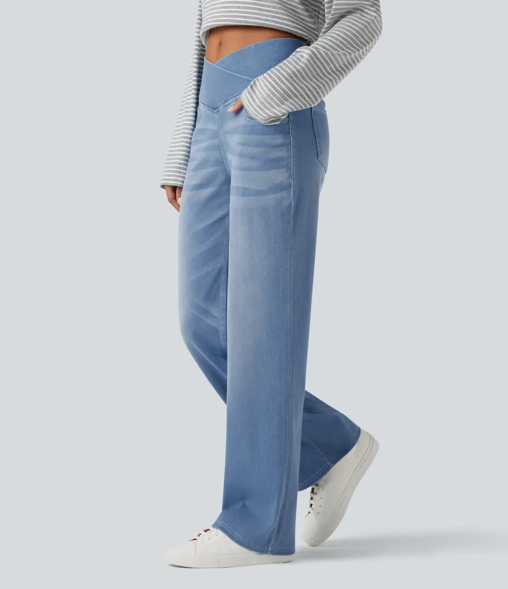 High-waisted, relaxed, crossover straight-leg jeans with  pockets