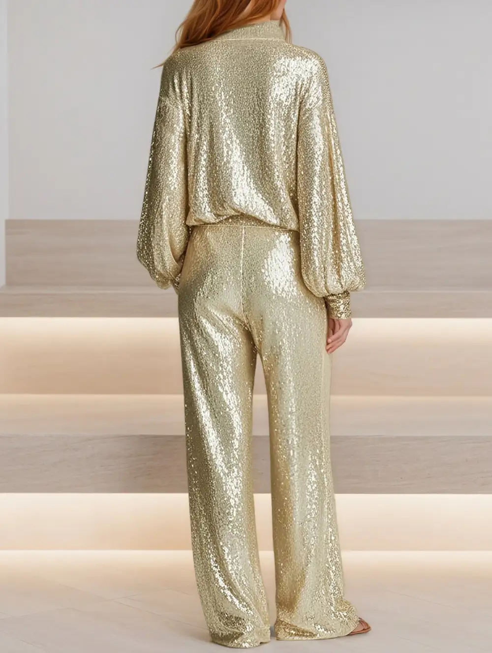 Sequin Collar Half Zip Jacket Pants Set