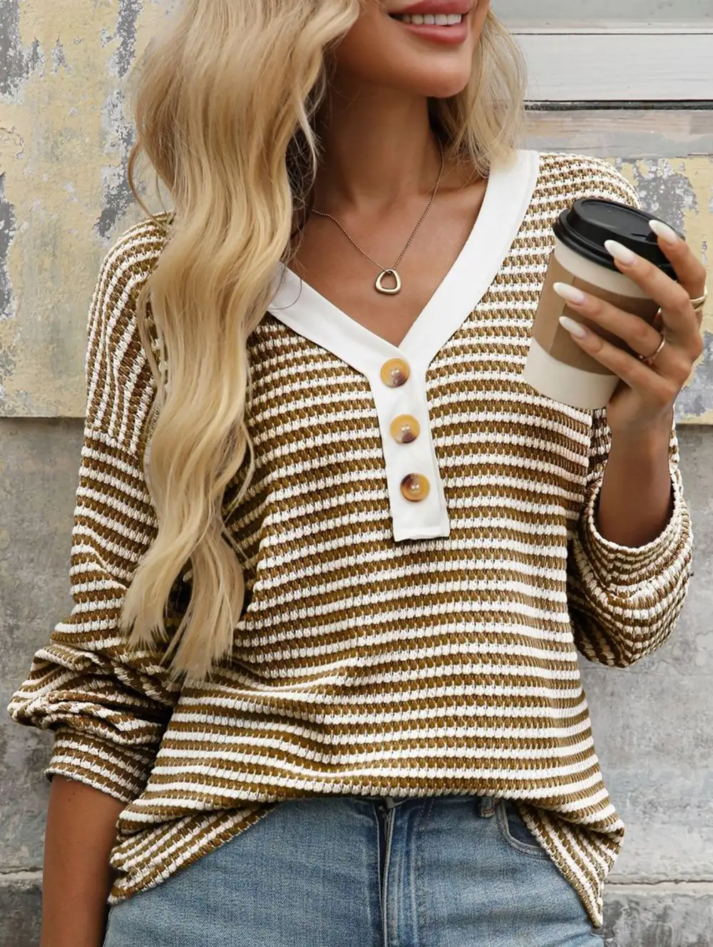 Button Down V Neck Top