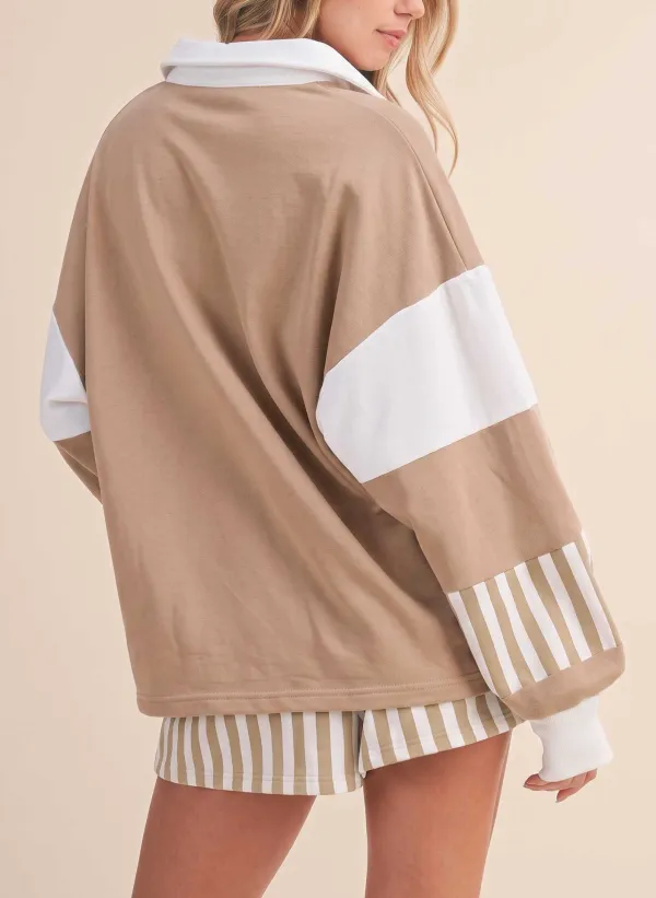 Women's Striped Color Block Pullover Top Drawstring Shorts Set