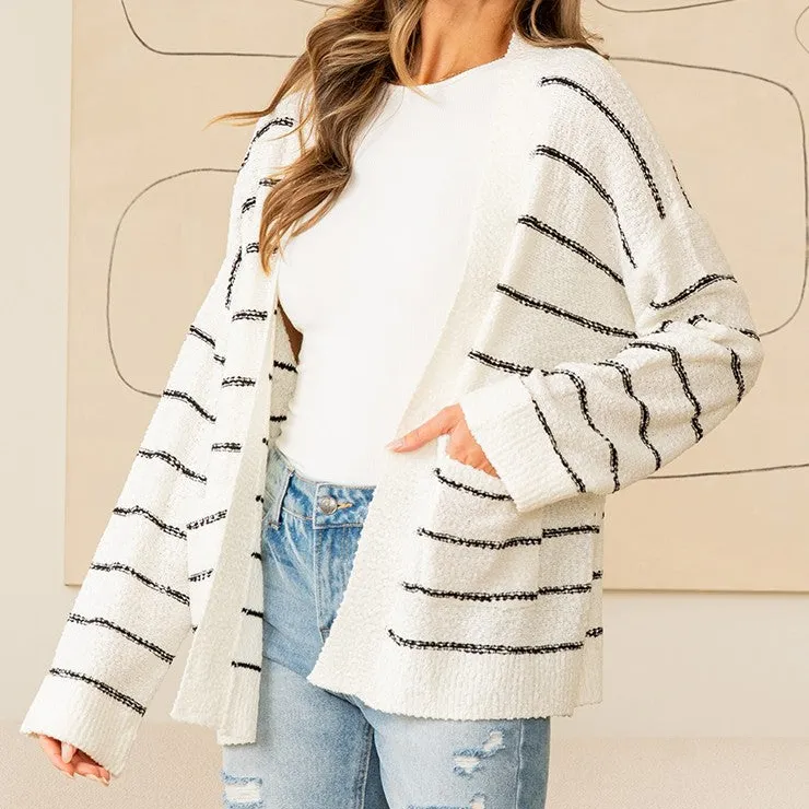 Open Front Ribbed Dropped Shoulder Striped Cardigan