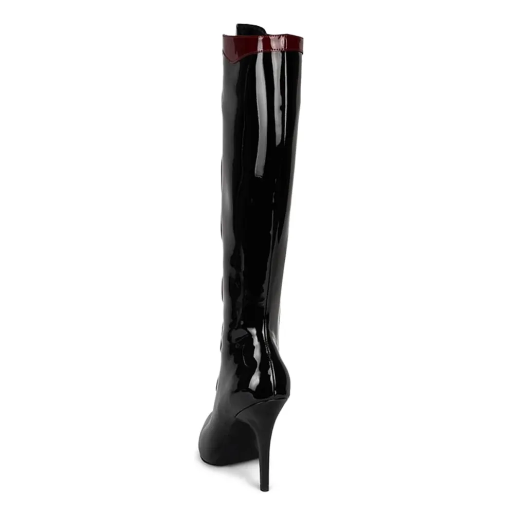 Patent Lace-Up Zip-Up Stiletto-Heel Knee-High Boots