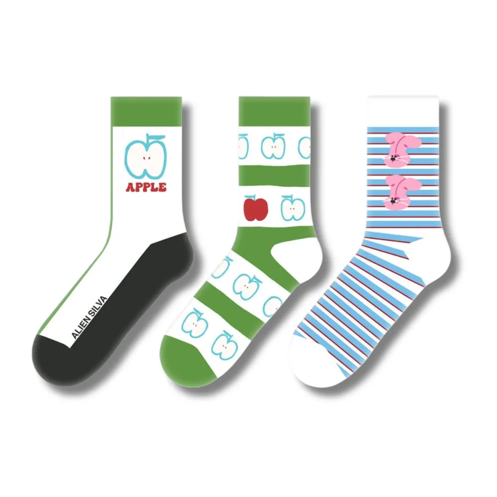 Playful Apple Bunny Pattern Crew Socks