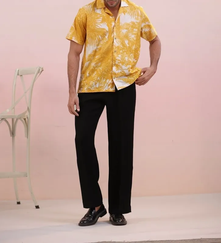 Yellow Jungle Mulmul Cotton Camp Collar Shirt