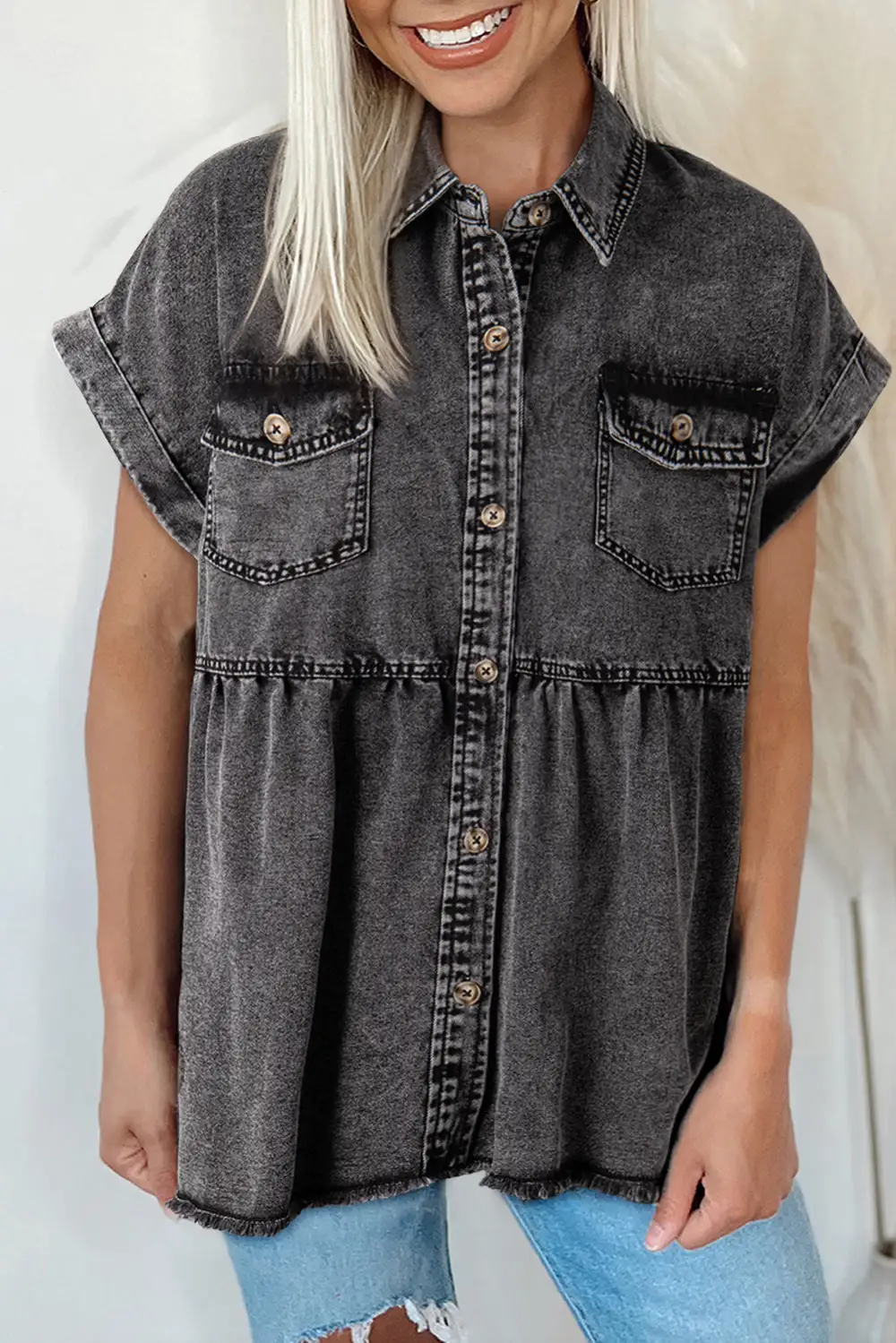 Button Front Short Sleeve Raw Hem Shirt Blouse