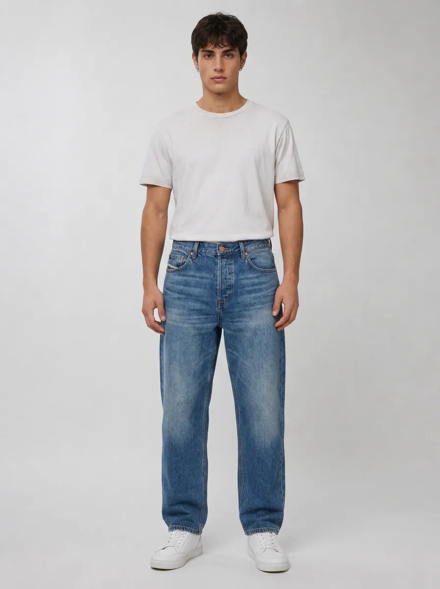 Men's Casual Style Blue Denim Straight Leg Jeans