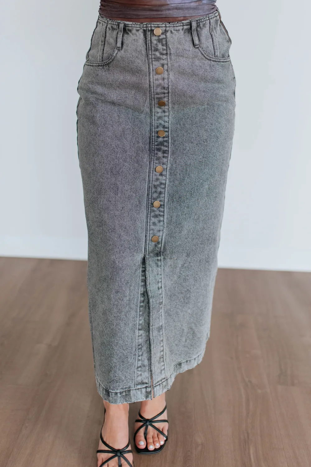 Denim Faux Leather Cotton Midi Skirt