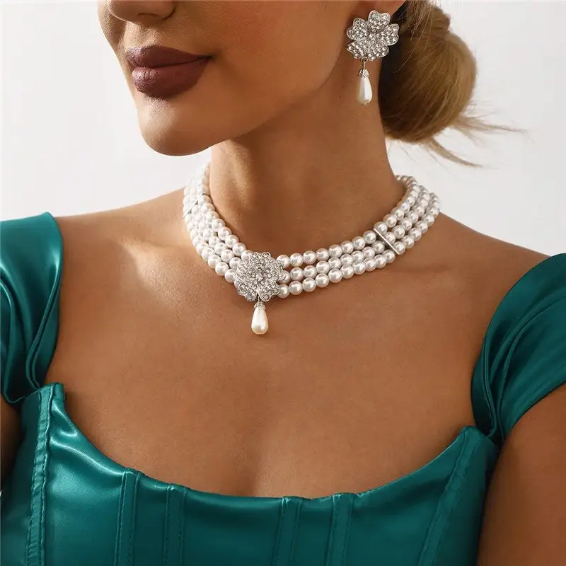 Diamond Flower Pearl Earring Necklace Bracelet Set