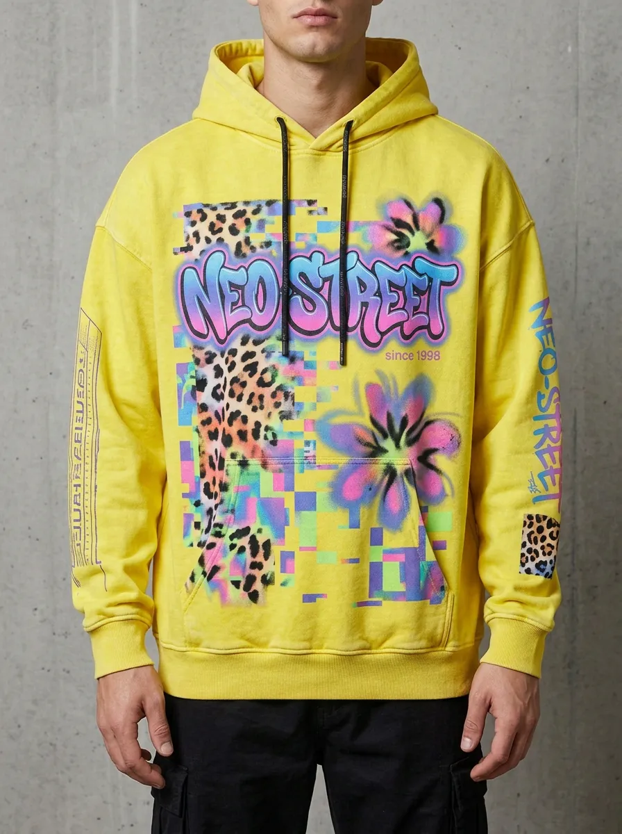 Unisex Streetwear Leopard Floral Glitch Hoodie