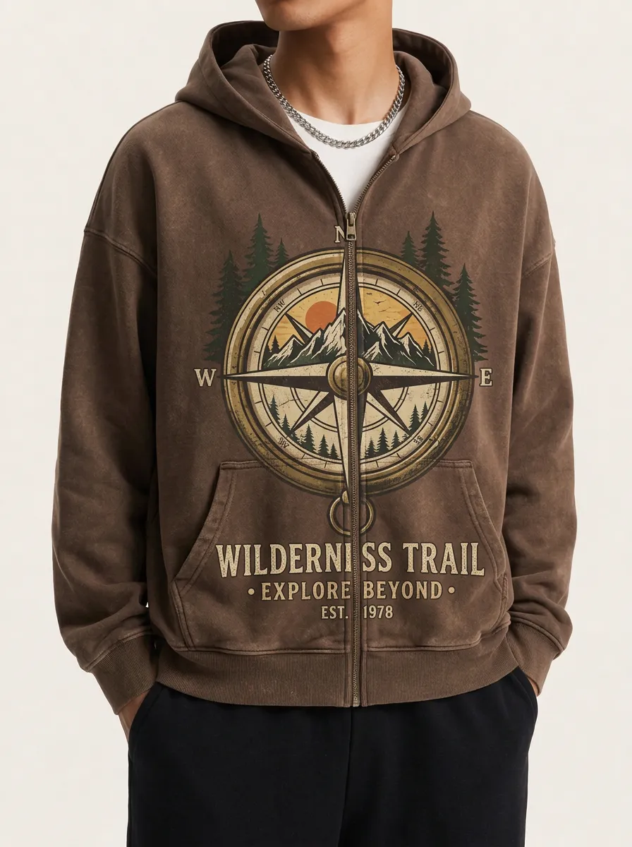 Men's Wilderness Trail Compass Mountain Printed Zip-up Hoodie